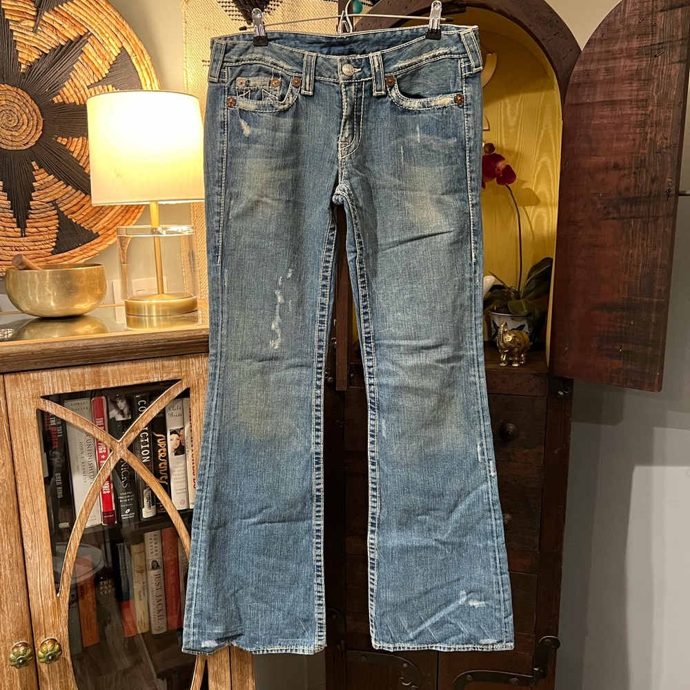 True Religion Bobby Big T flare jeans long tall distressed